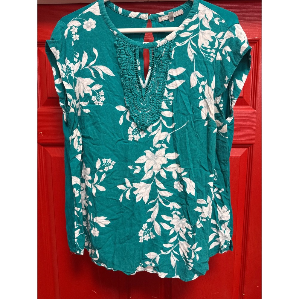 Daniel Rainn Teal Floral Crochet Lace Back Blouse Top 2X Short Sleeve